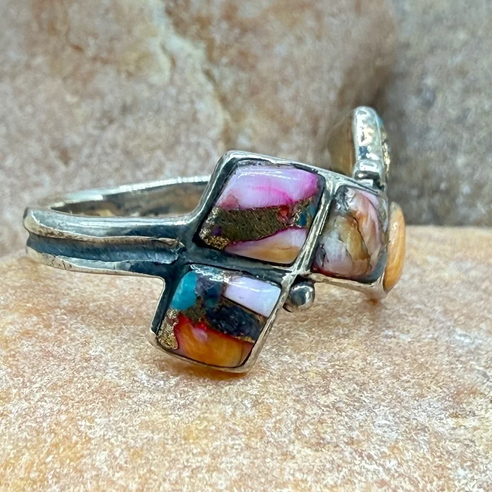 Santa Fe Multi Gemstone 925 Sterling Silver Ring Sz 8 5.5ctw Southwestern Style - Picture 4 of 17